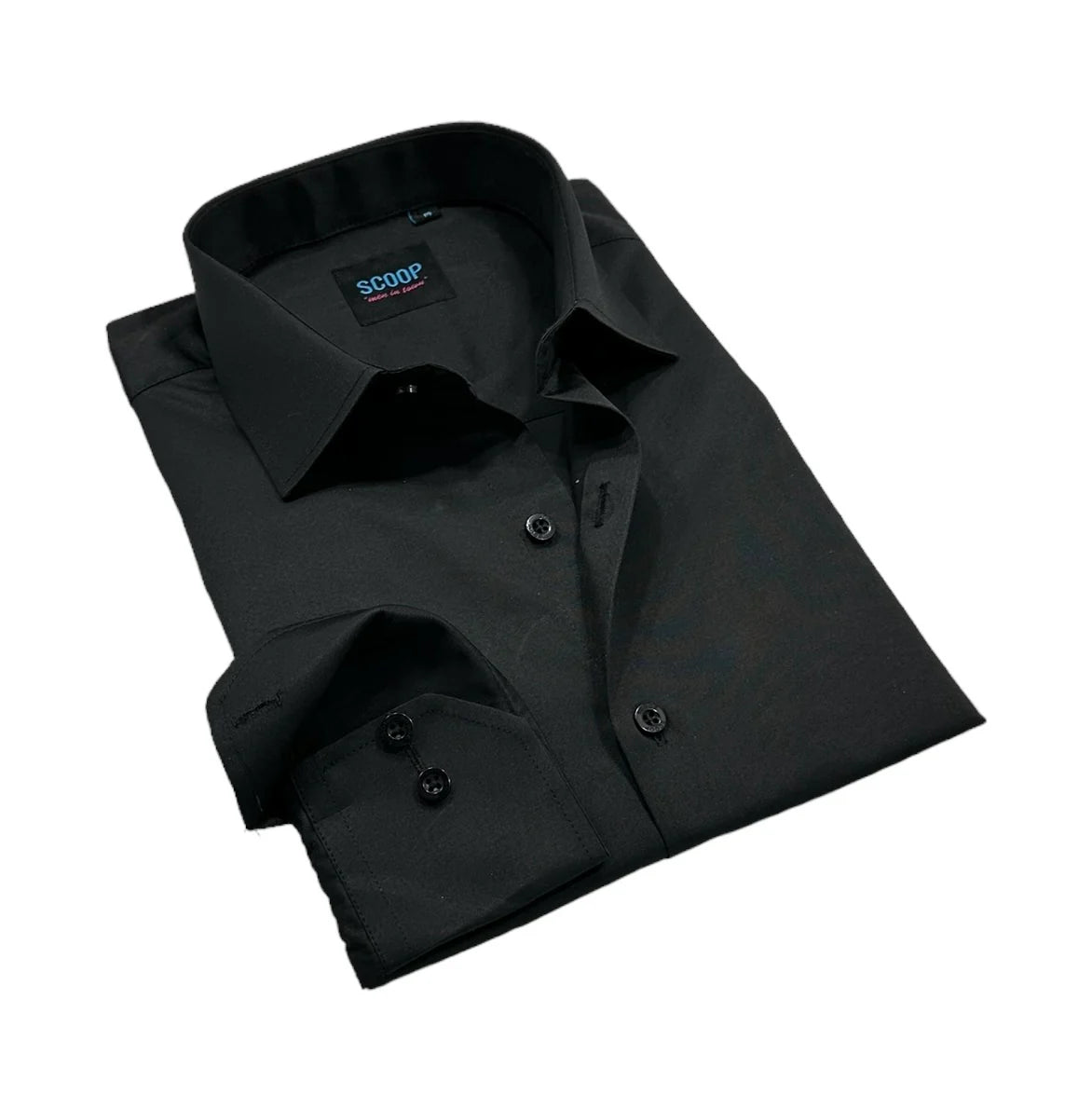 Black dress shirt with a visible brand label on a white background