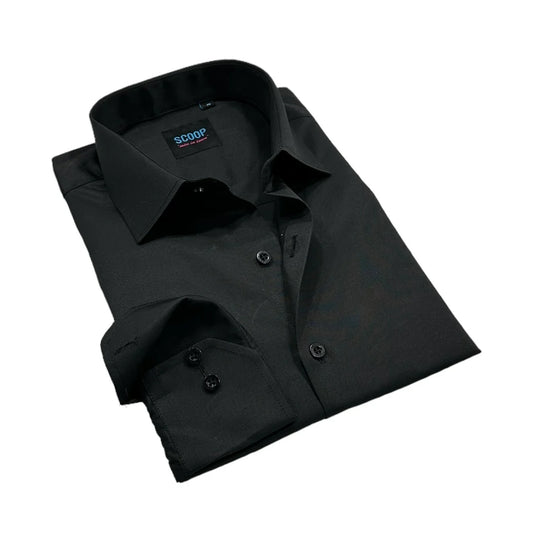 Black dress shirt with a visible brand label on a white background