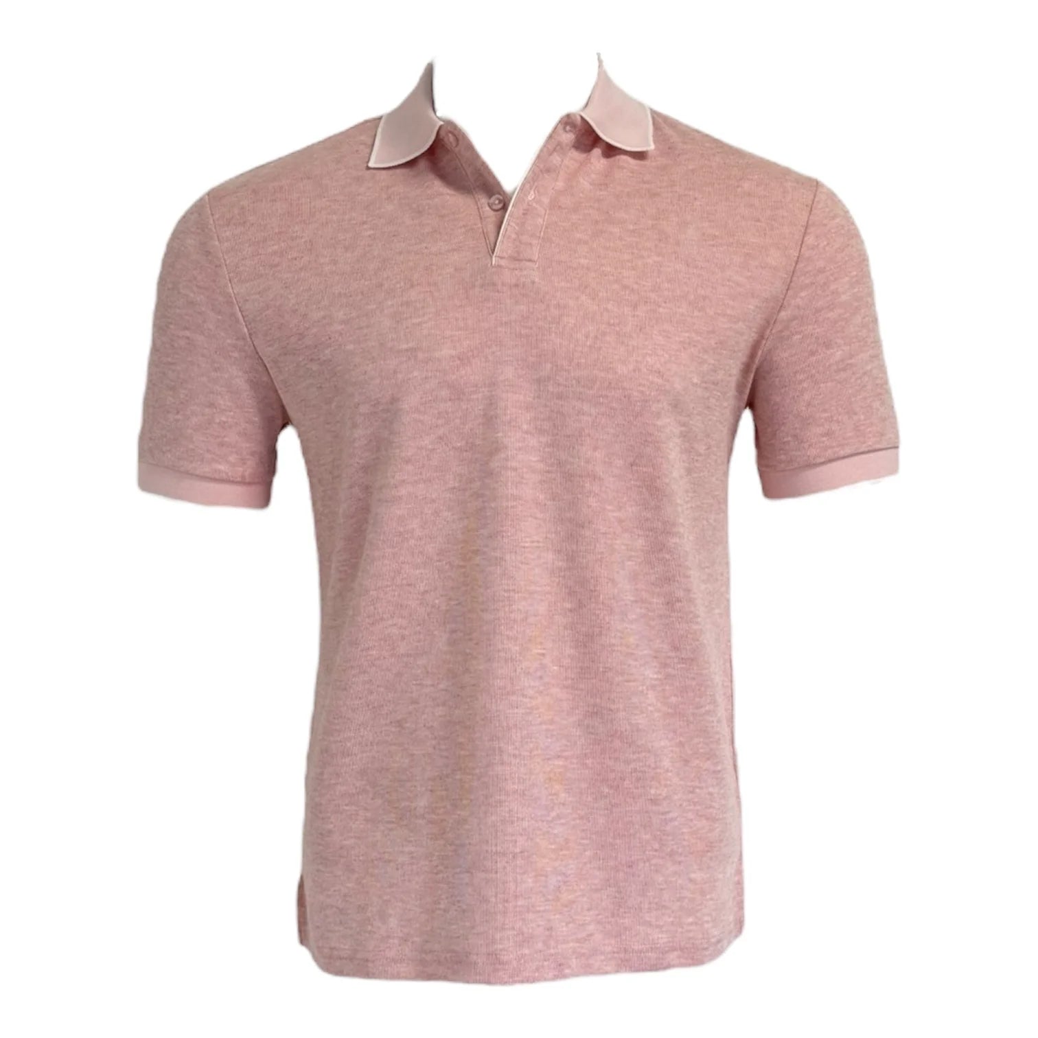 Pink polo shirt with beige collar on a white background