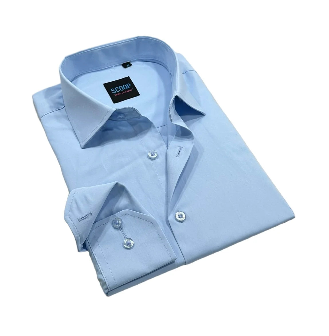 Light blue dress shirt with a 'Scoop' label on a white background
