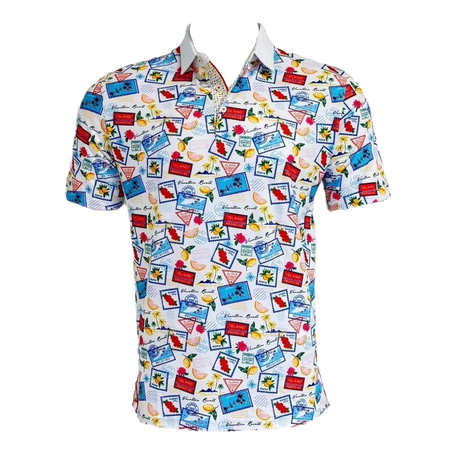 Colorful patterned shirt with various designs on a white background