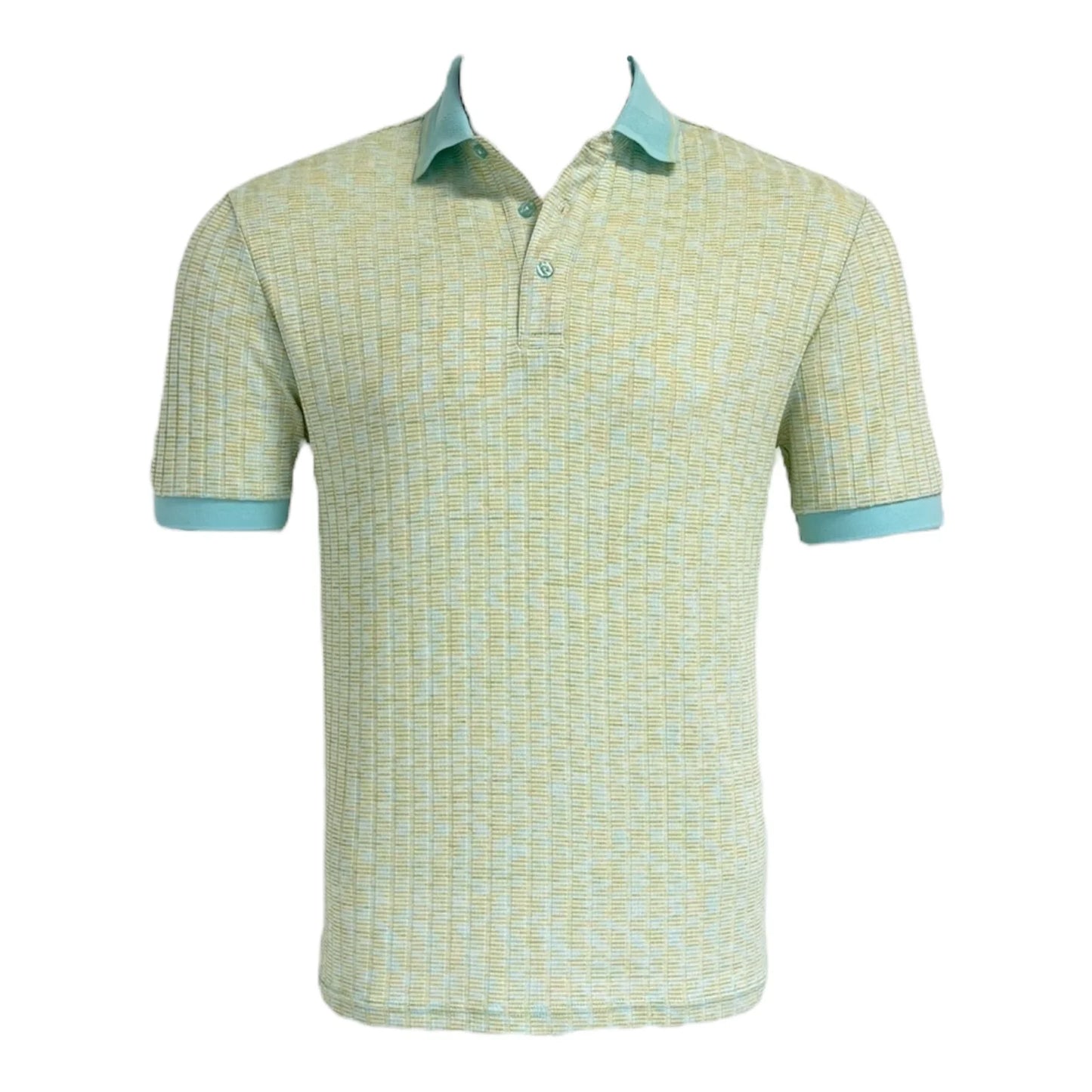 Green patterned polo shirt with blue accents on a white background