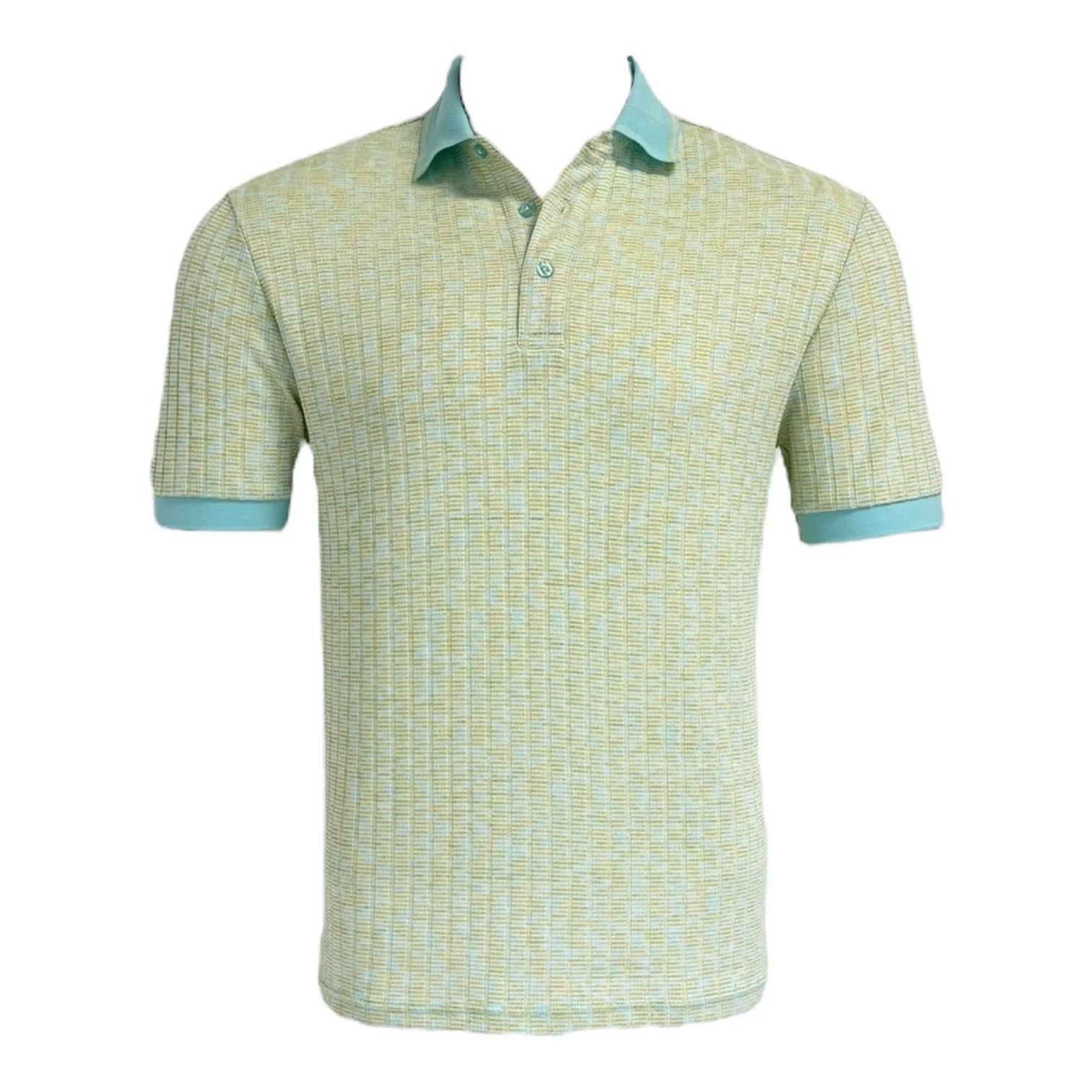 Green patterned polo shirt with blue accents on a white background