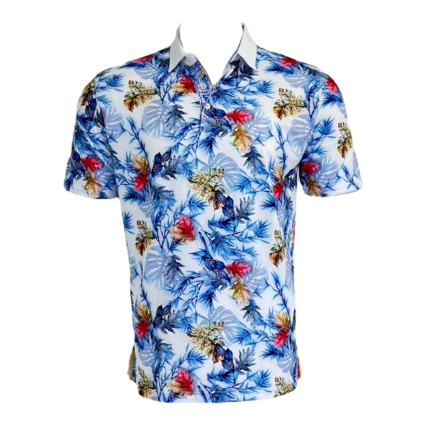 Short-sleeve shirt with tropical floral pattern on a white background