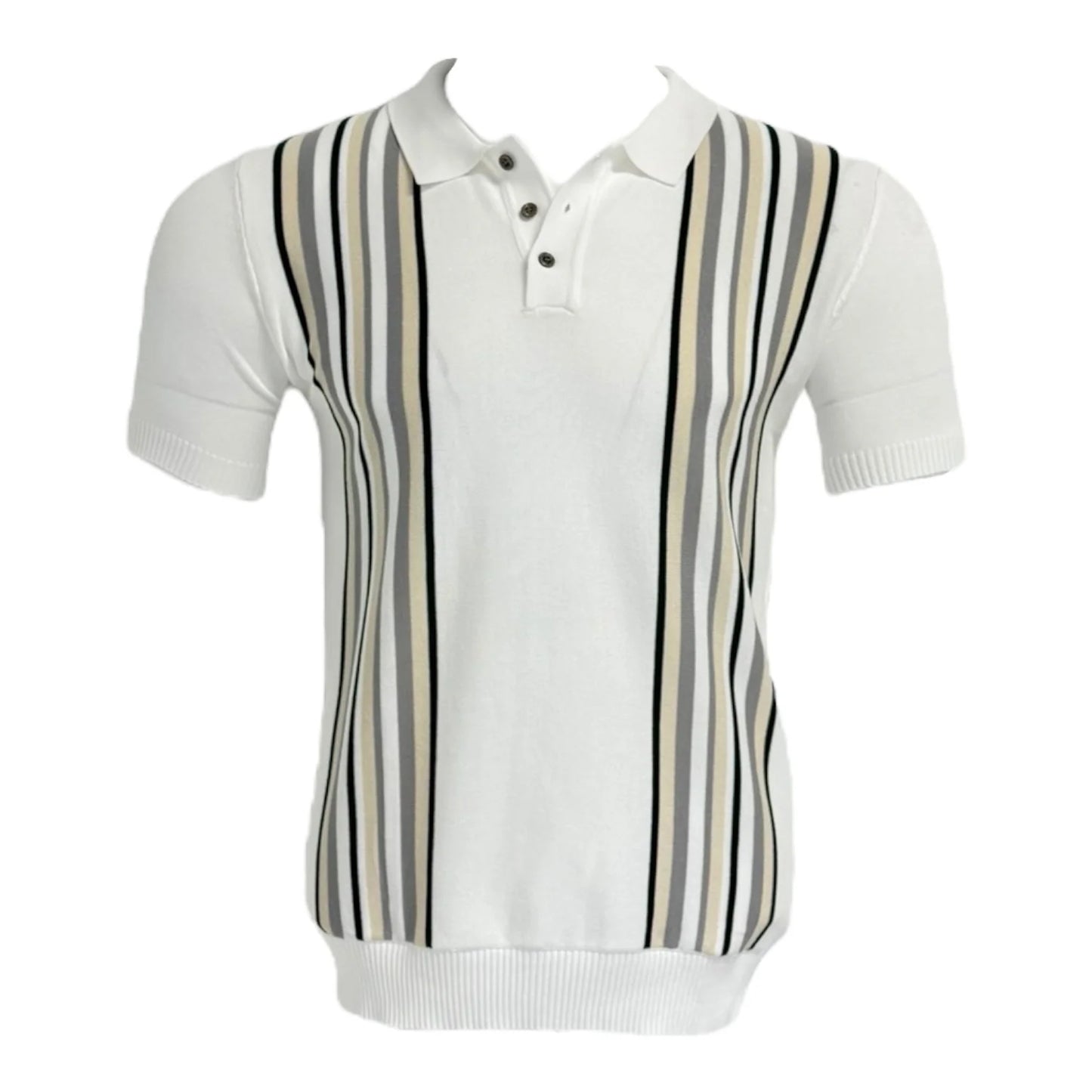 White polo shirt with black and gray striped pattern on a white background