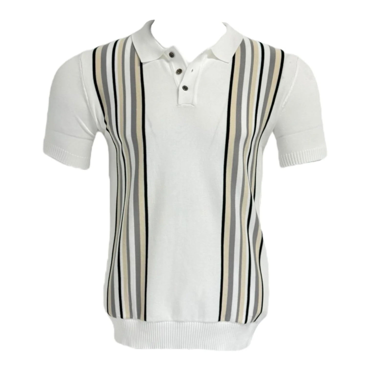 White polo shirt with black and gray striped pattern on a white background