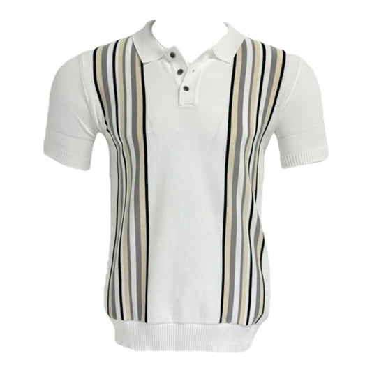 White polo shirt with black and gray striped pattern on a white background