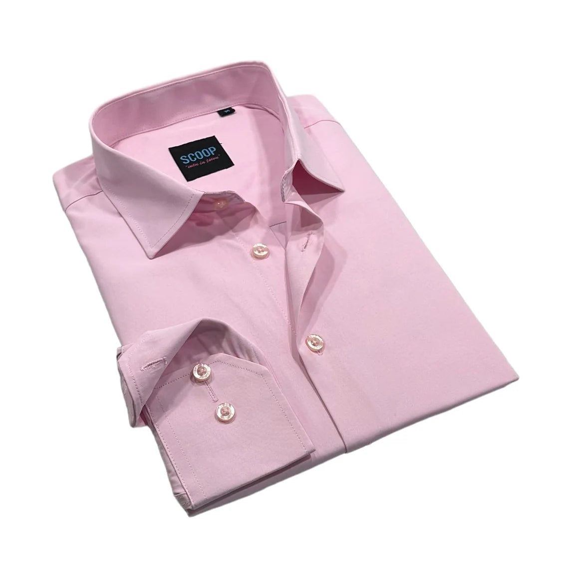 Folded pink dress shirt with a visible brand label on a white background