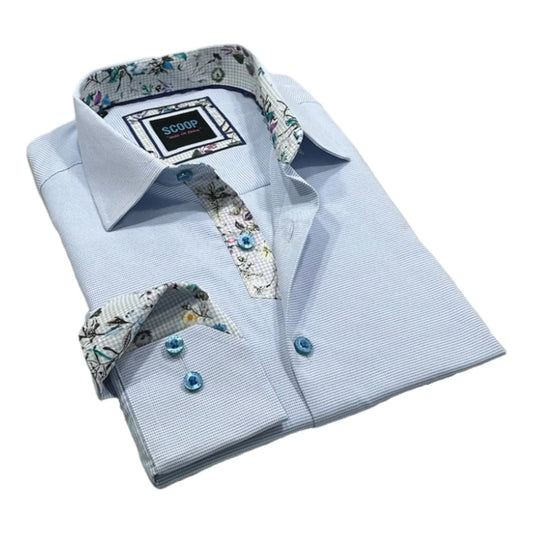 Light blue dress shirt with floral inside-out pocket and cuff on a white background