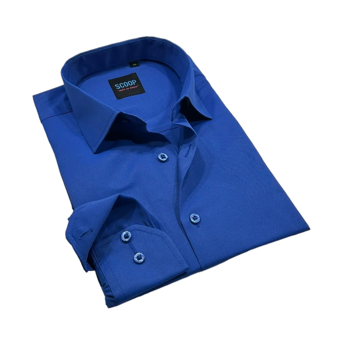 Folded blue dress shirt with 'SCOOP' label on a white background