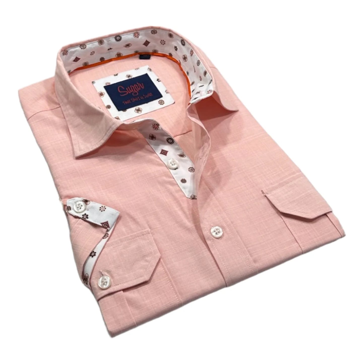 Pink shirt with a patterned collar and brand label on a white background
