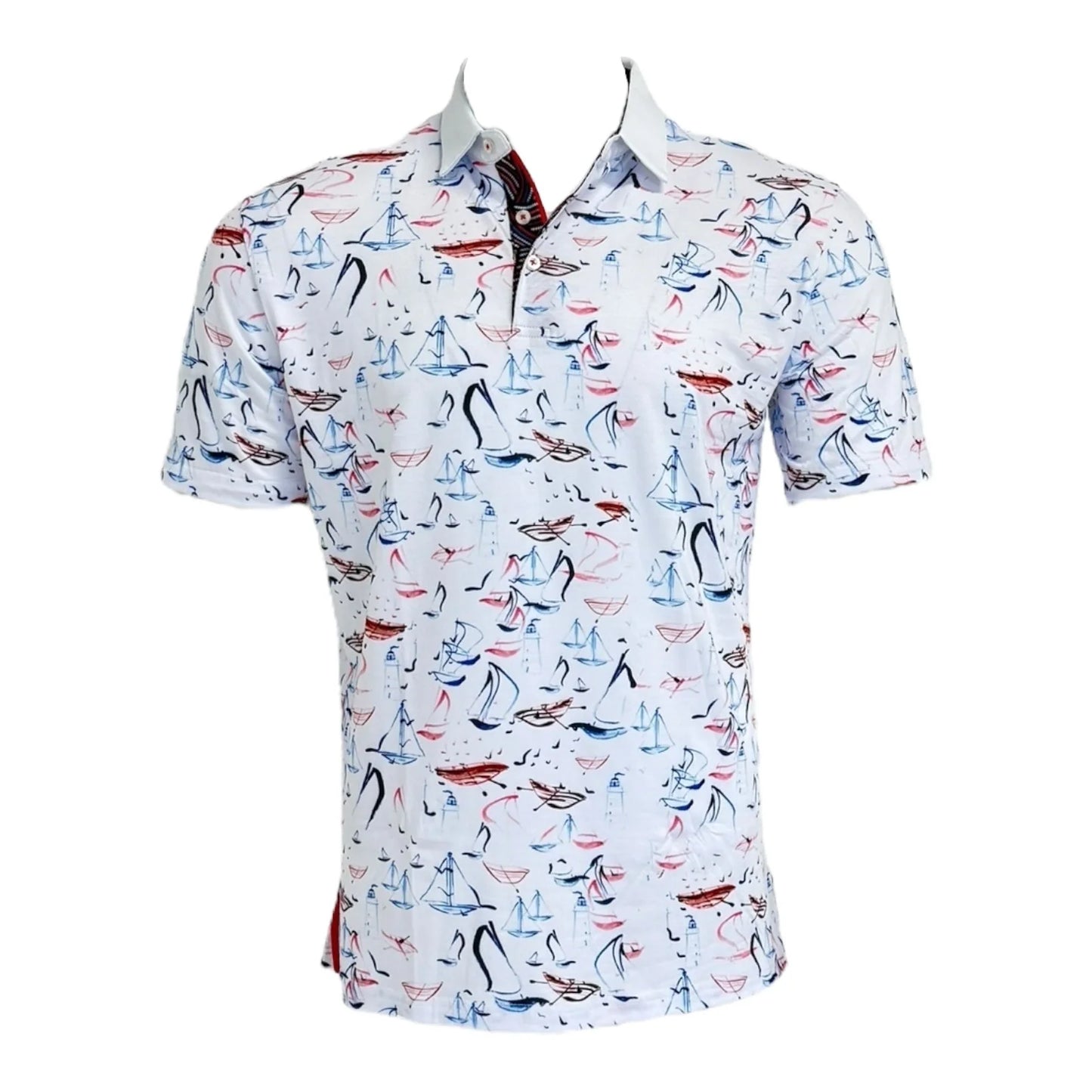 Short-sleeve shirt with colorful boat pattern on a white background