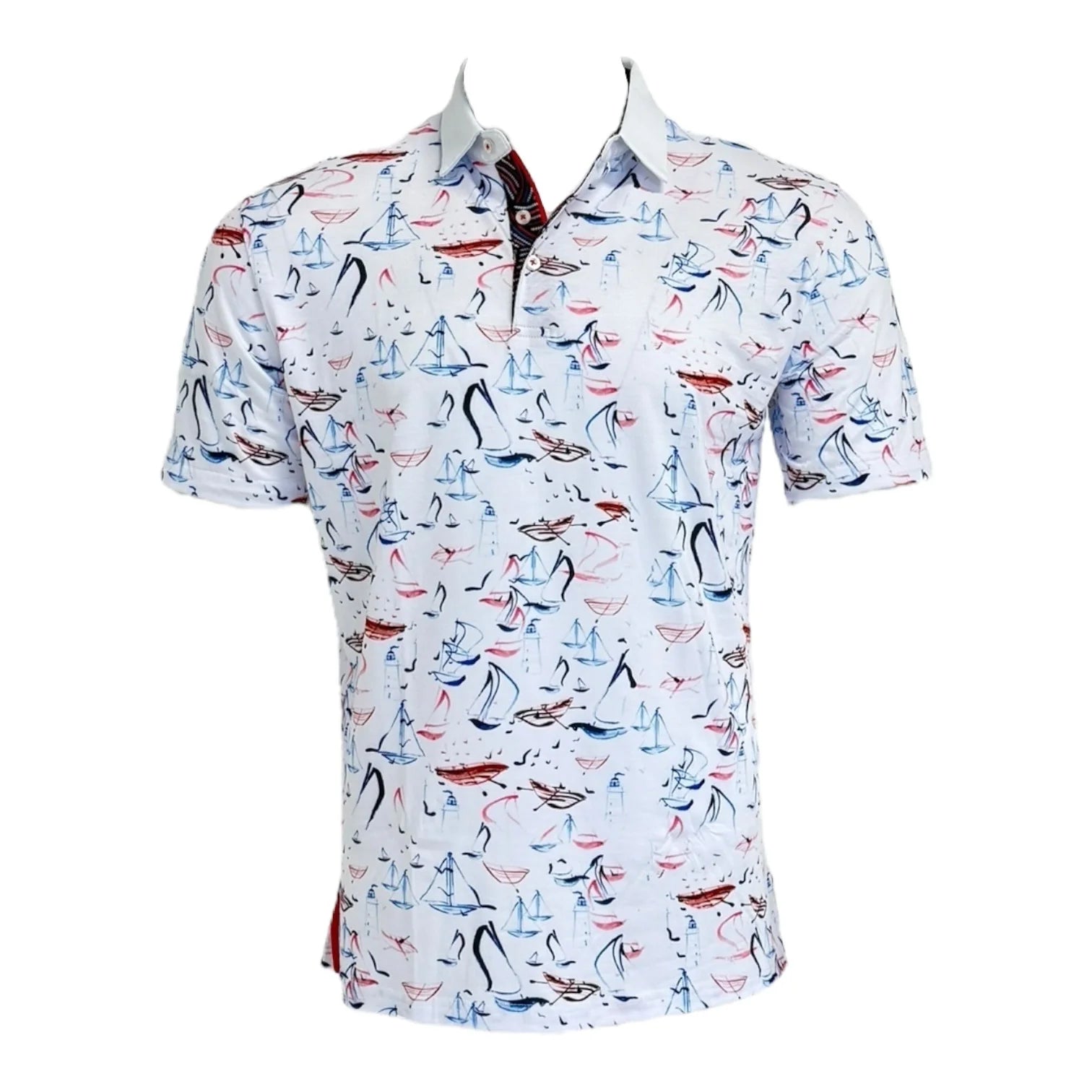 Short-sleeve shirt with colorful boat pattern on a white background