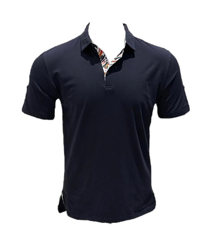 Navy polo shirt with a patterned collar on a white background