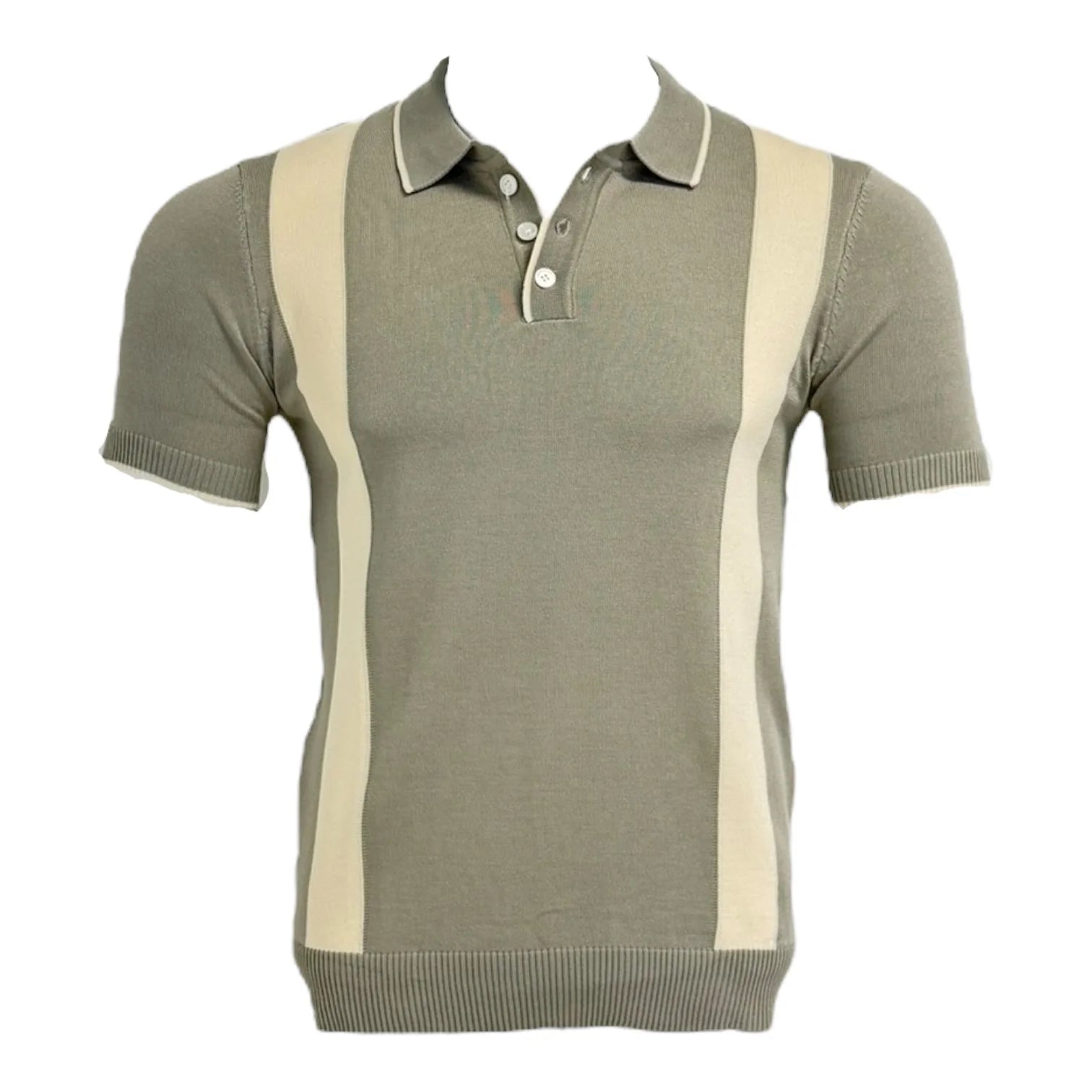 Green and beige striped polo shirt on a white background