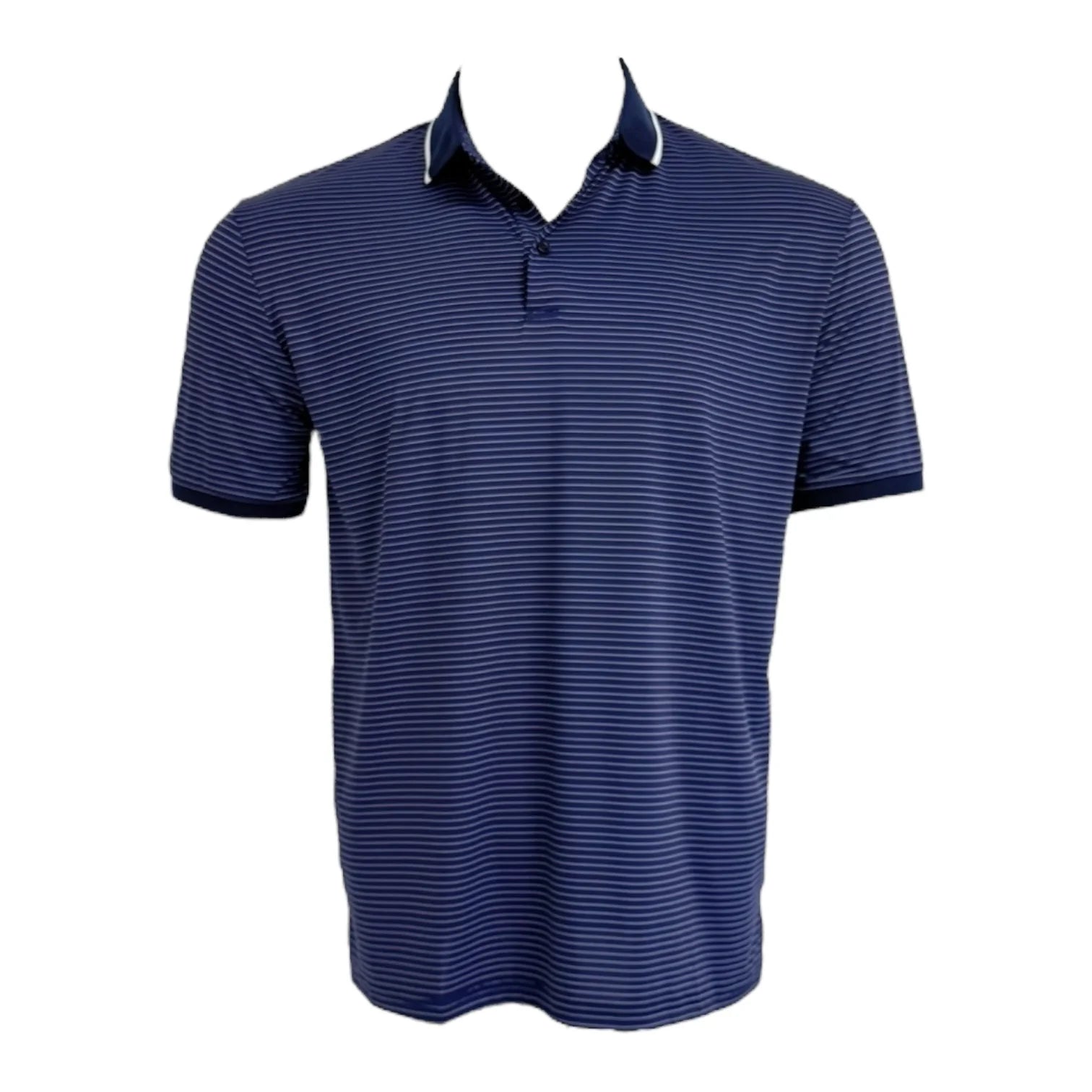 Navy striped polo shirt on a white background