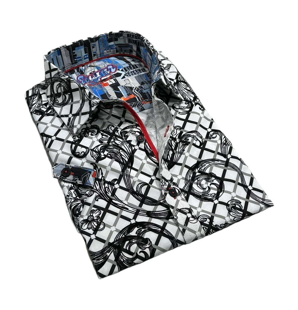 Folded shirt with a black and white abstract pattern on a white background