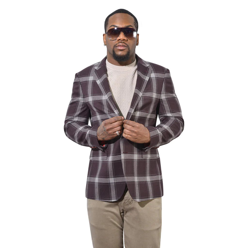 A rich and striking burgundy hue with a white exploded plaid makes the Santiago a great year round blazer. Pair with denim for a more casual look or a pair of our cotton trousers for something a little more refined.