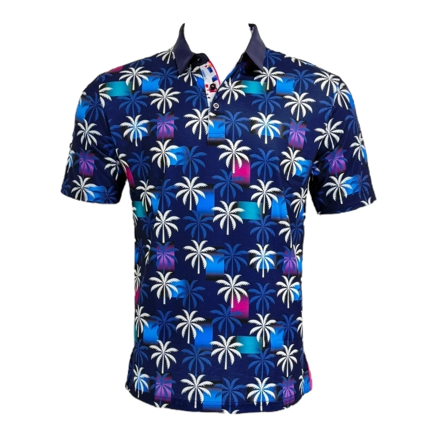 Navy blue shirt with colorful palm tree pattern on a white background