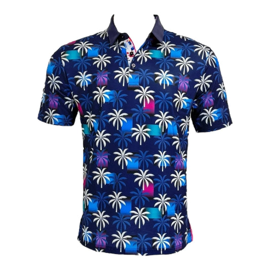 Navy blue shirt with colorful palm tree pattern on a white background