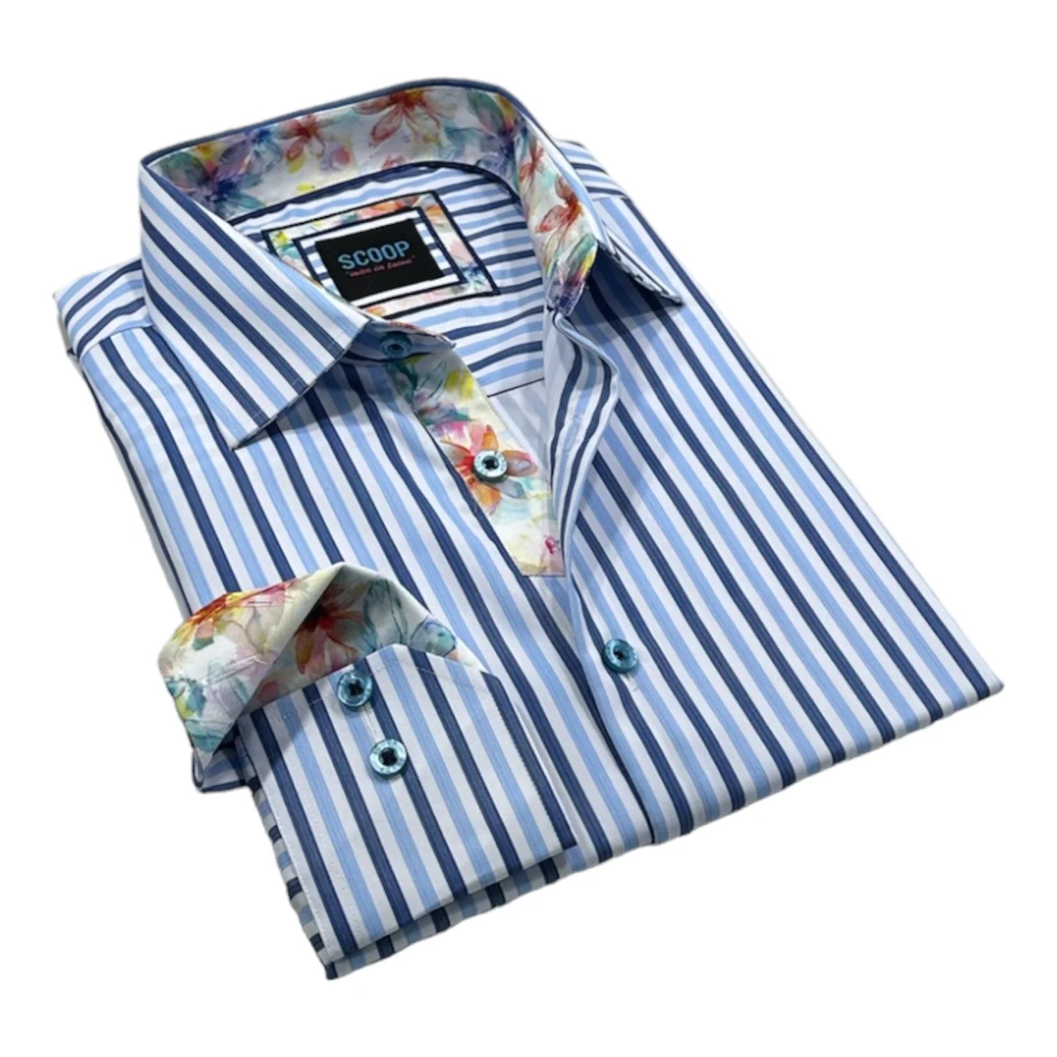 Striped shirt with floral cuffs and collar on a white background