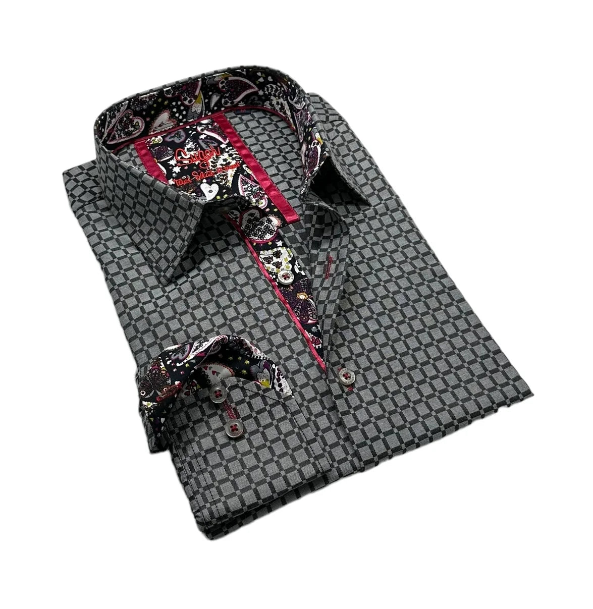 Gray patterned shirt with a colorful floral collar on a white background