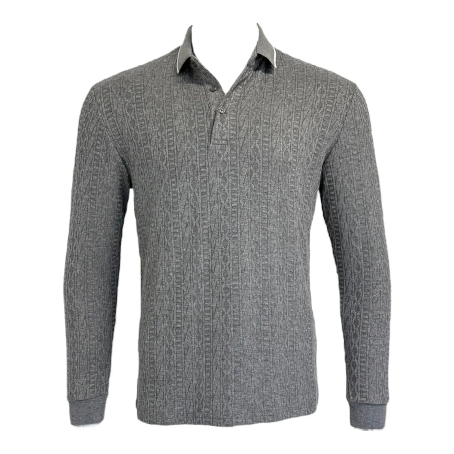 Gray cable knit sweater on a white background