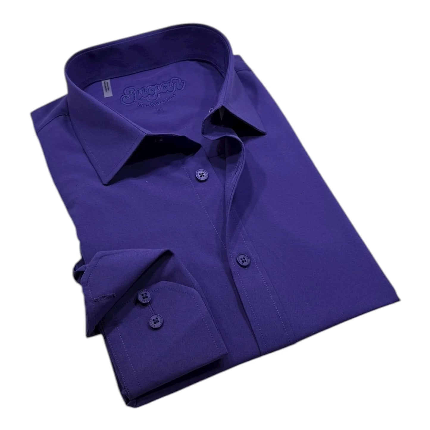 Folded purple dress shirt with a brand label on a white background
