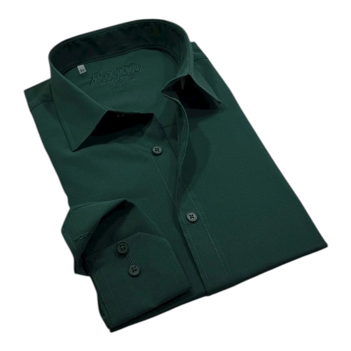 Folded green shirt with a brand label on a white background