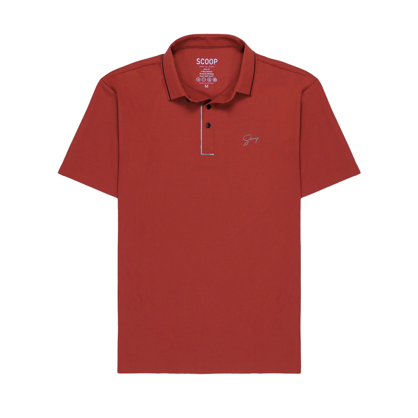 Red polo shirt with 'SCOOP' branding on a white background