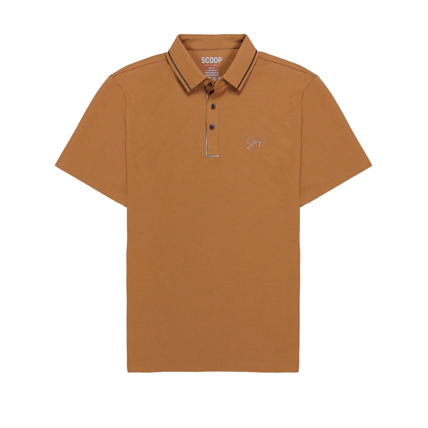 Brown polo shirt with a brand logo on a white background