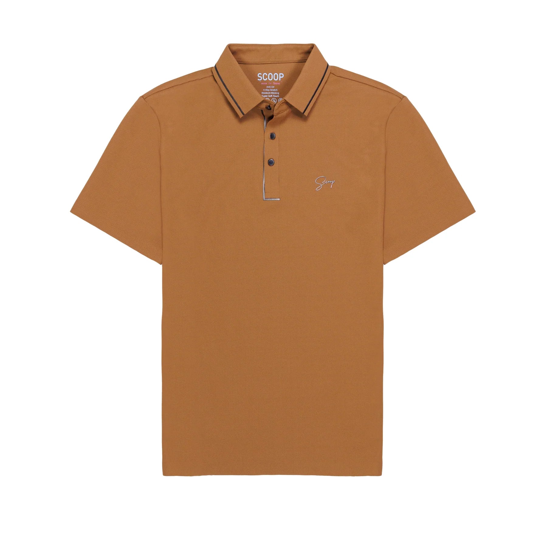 Brown polo shirt with a brand logo on a white background