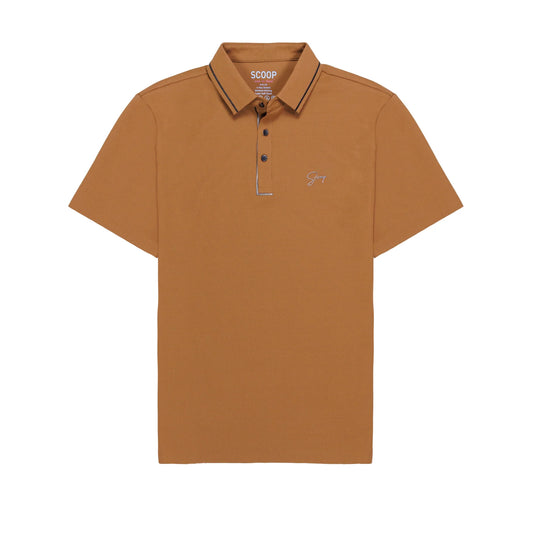 Brown polo shirt with a brand logo on a white background