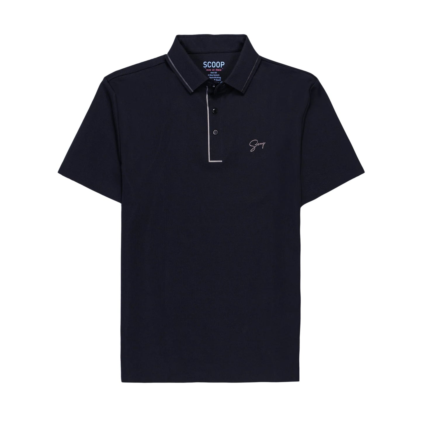 Black polo shirt with branding on a white background