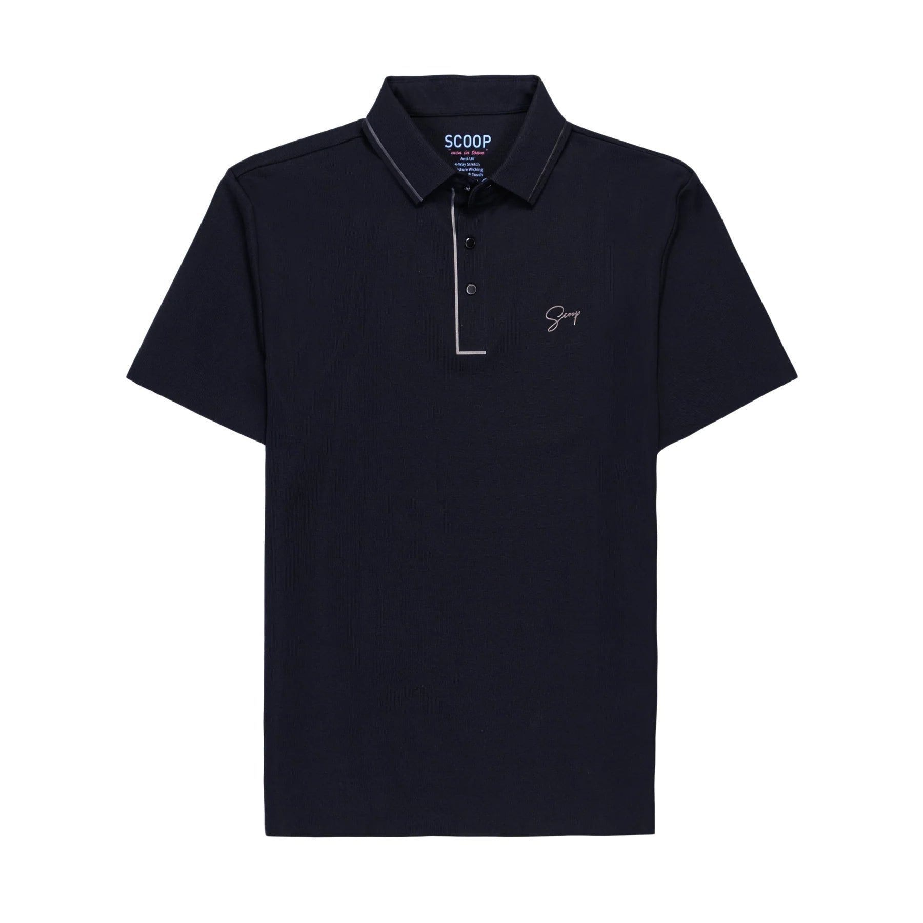 Black polo shirt with branding on a white background
