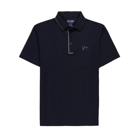 Black polo shirt with branding on a white background