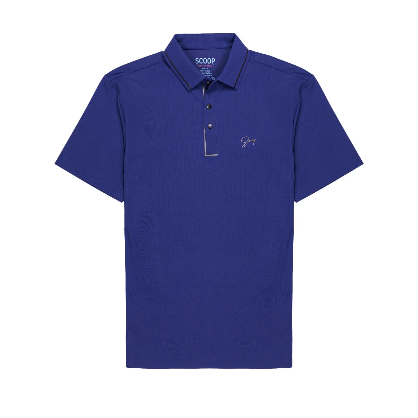 Blue polo shirt with a brand logo on a white background
