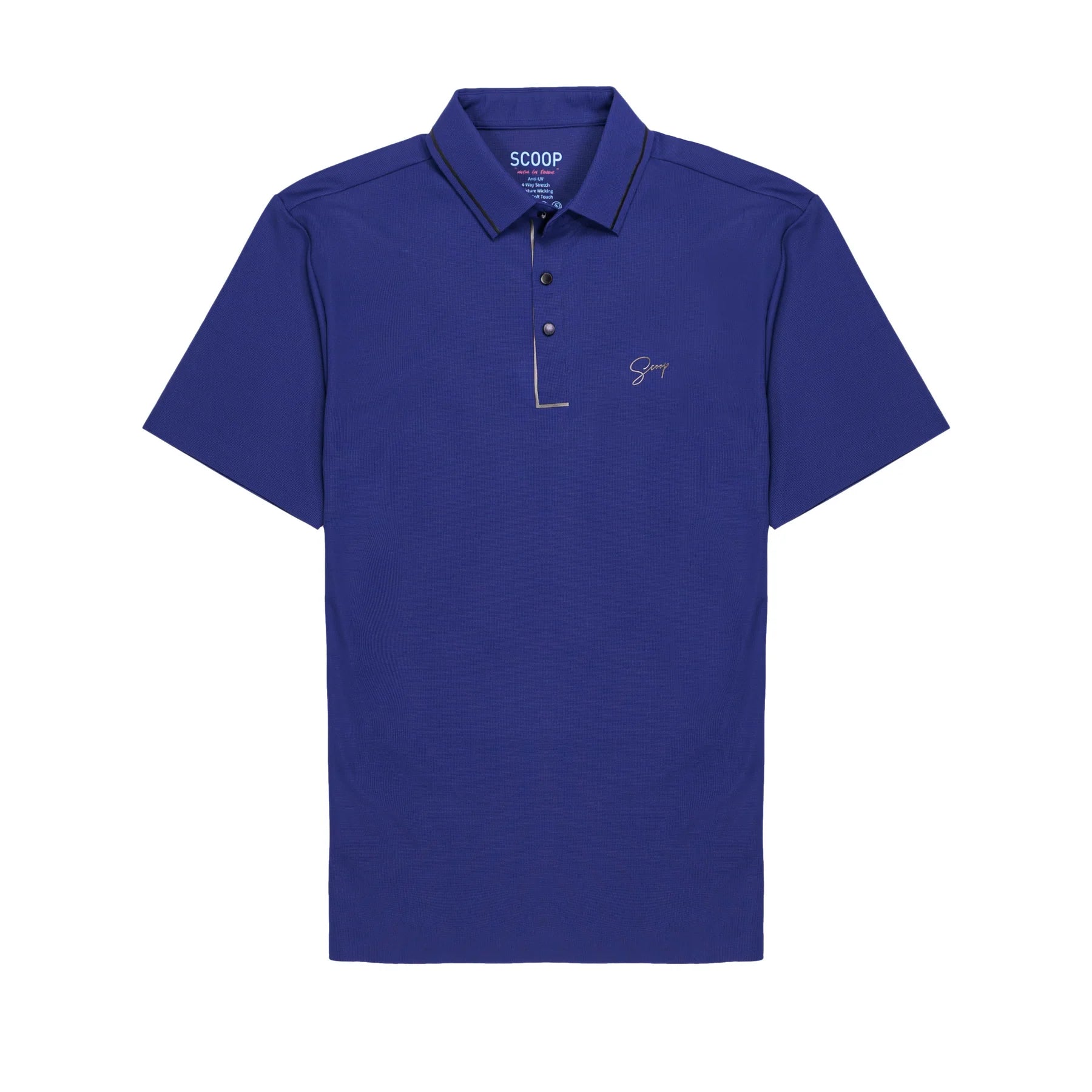 Blue polo shirt with a brand logo on a white background