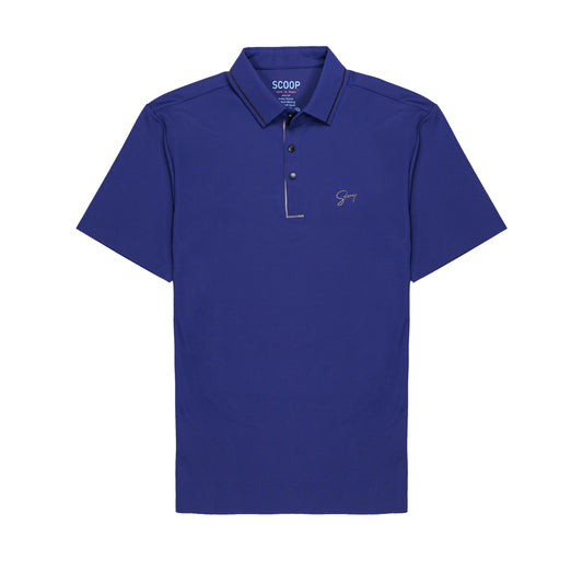 Blue polo shirt with a brand logo on a white background