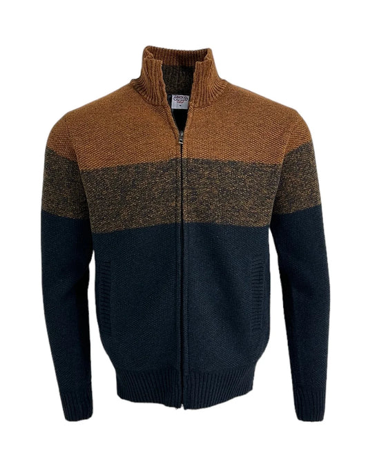 A men's colorblock zip-up sweater with a ribbed mock neck, featuring a brown upper chest and shoulders, a dark heathered middle band, and a dark navy blue lower body and sleeves.