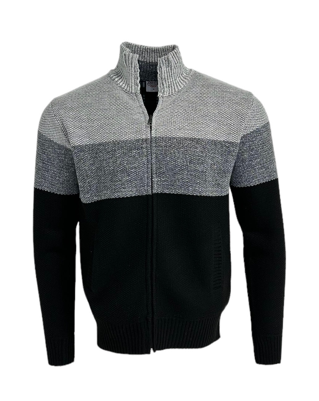 A men's colorblock zip-up sweater with a mock neck, featuring a gray and black textured knit pattern, displayed on a white background.