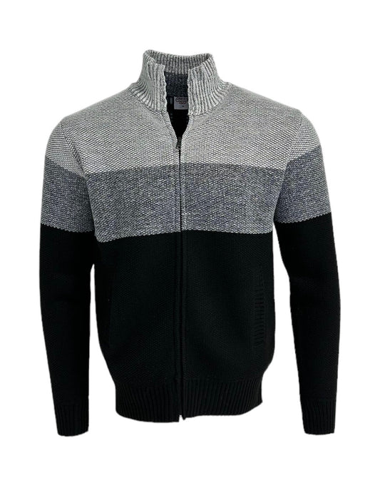 A men's colorblock zip-up sweater with a mock neck, featuring a gray and black textured knit pattern, displayed on a white background.