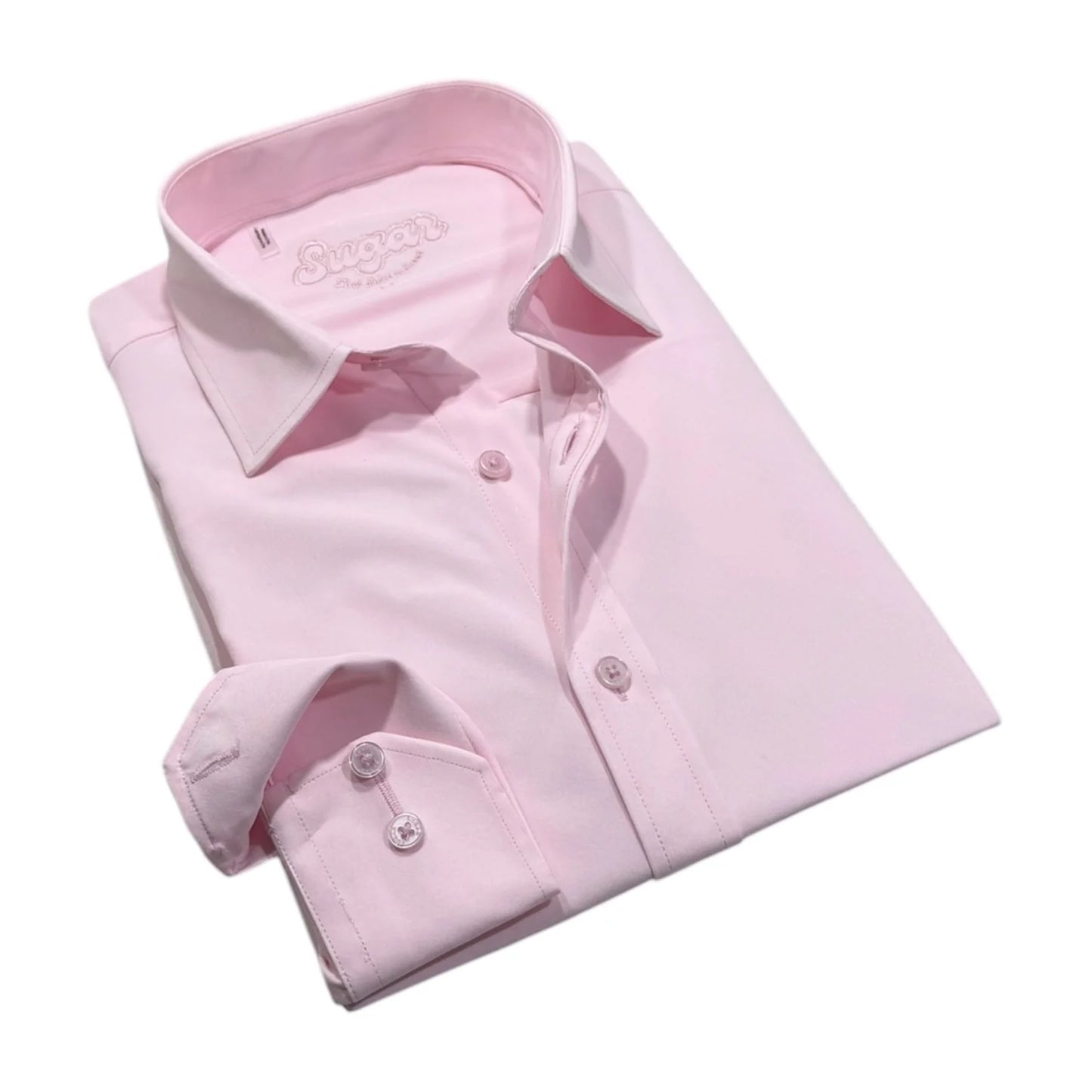 A folded light pink long-sleeve dress shirt with a pointed collar and button front, shown on a clean white background.