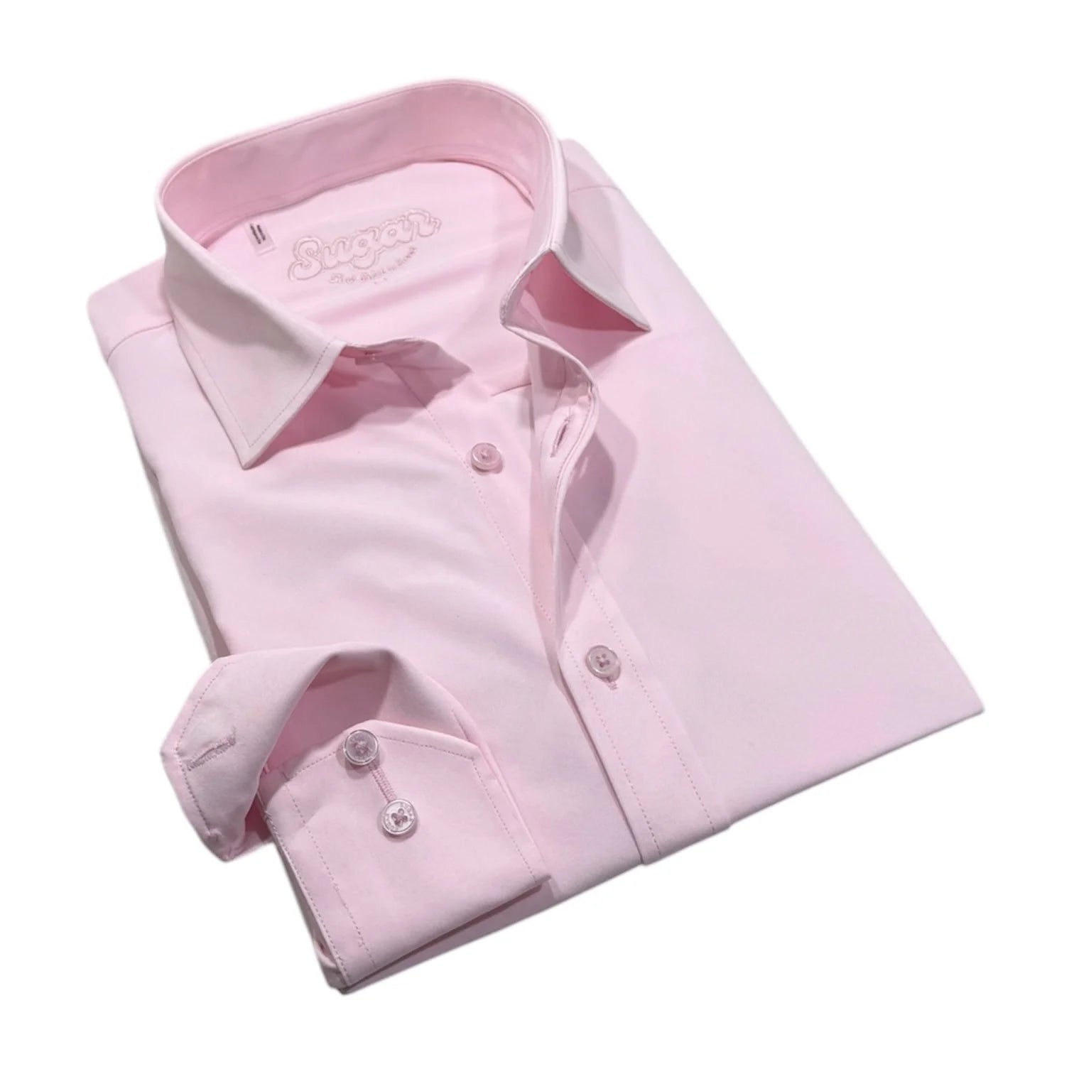 A folded light pink long-sleeve dress shirt with a pointed collar and button front, shown on a clean white background.