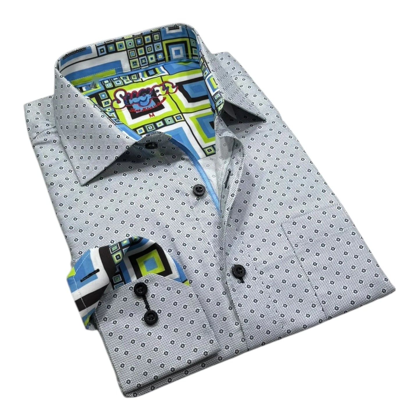 Folded dress shirt with geometric pattern on a white background