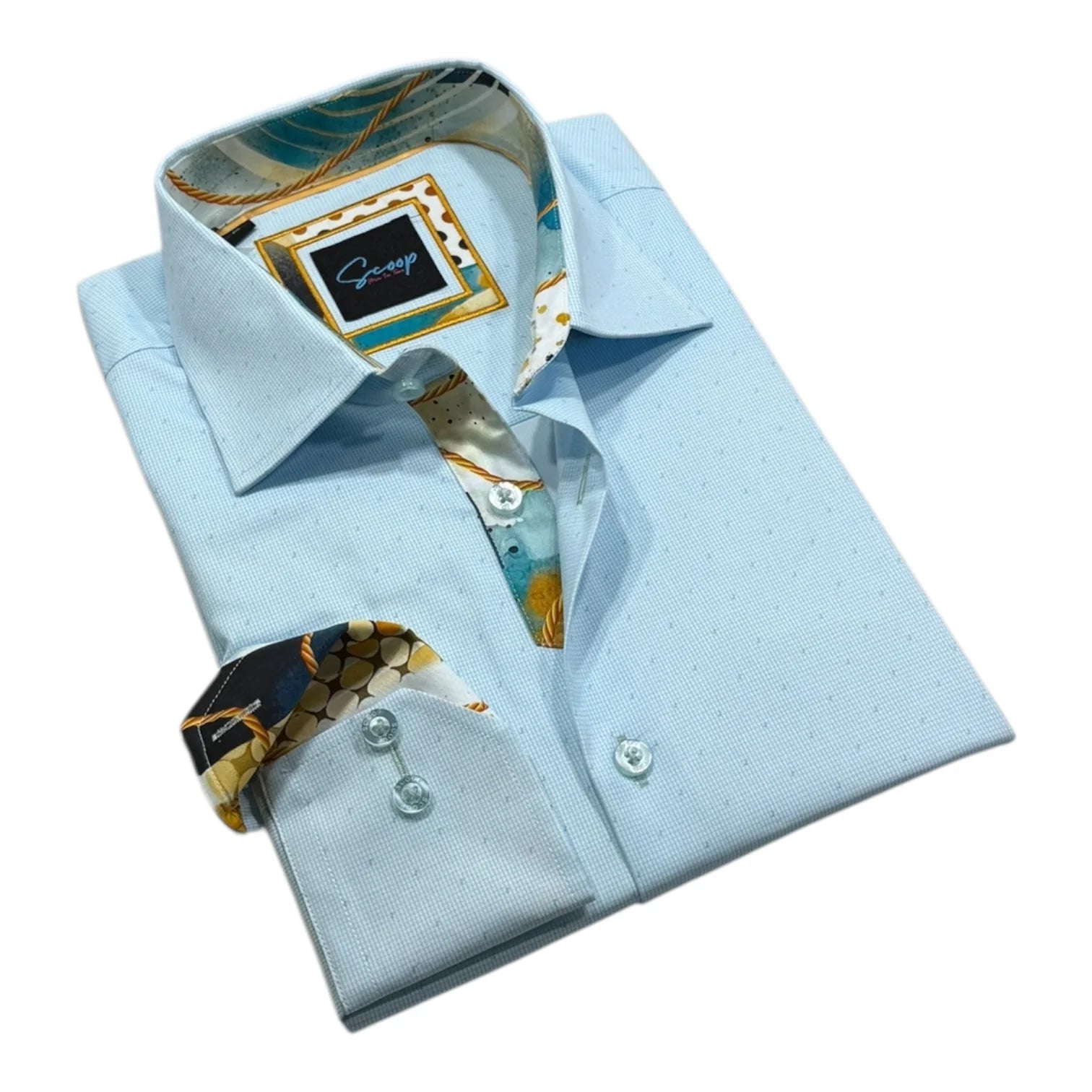 Light blue dress shirt with patterned inner lining on a white background