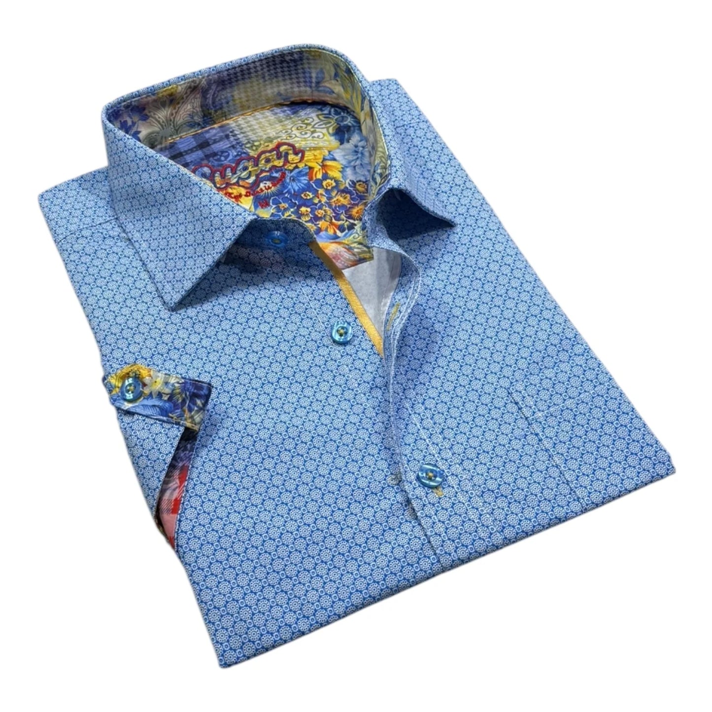 Folded blue patterned shirt with colorful inner lining on a white background
