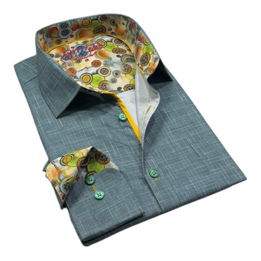 Blue checkered shirt with colorful inner lining and pocket square on a white background