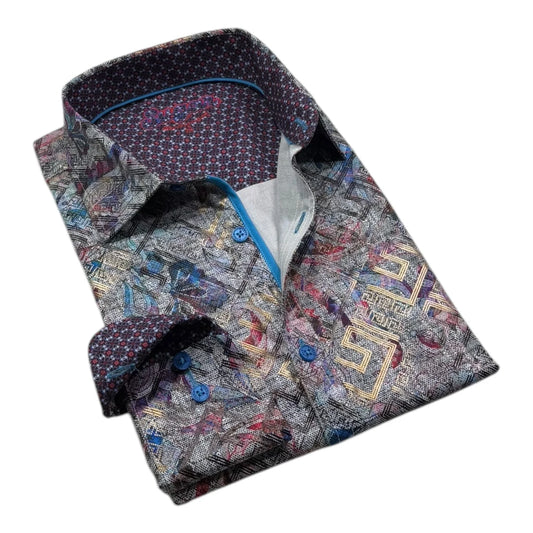 Folded patterned shirt with blue buttons on a white background