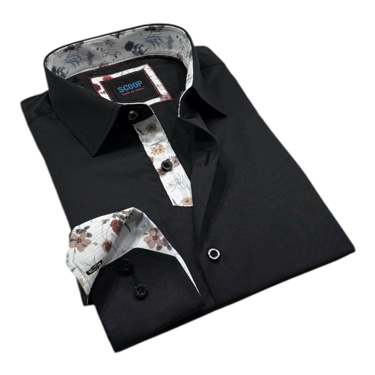 Black dress shirt with floral inner lining and pocket square on a white background